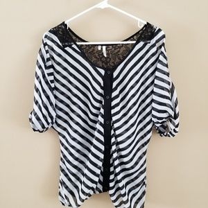 Striped Button Up Lace Back Cold Shoulder Blouse